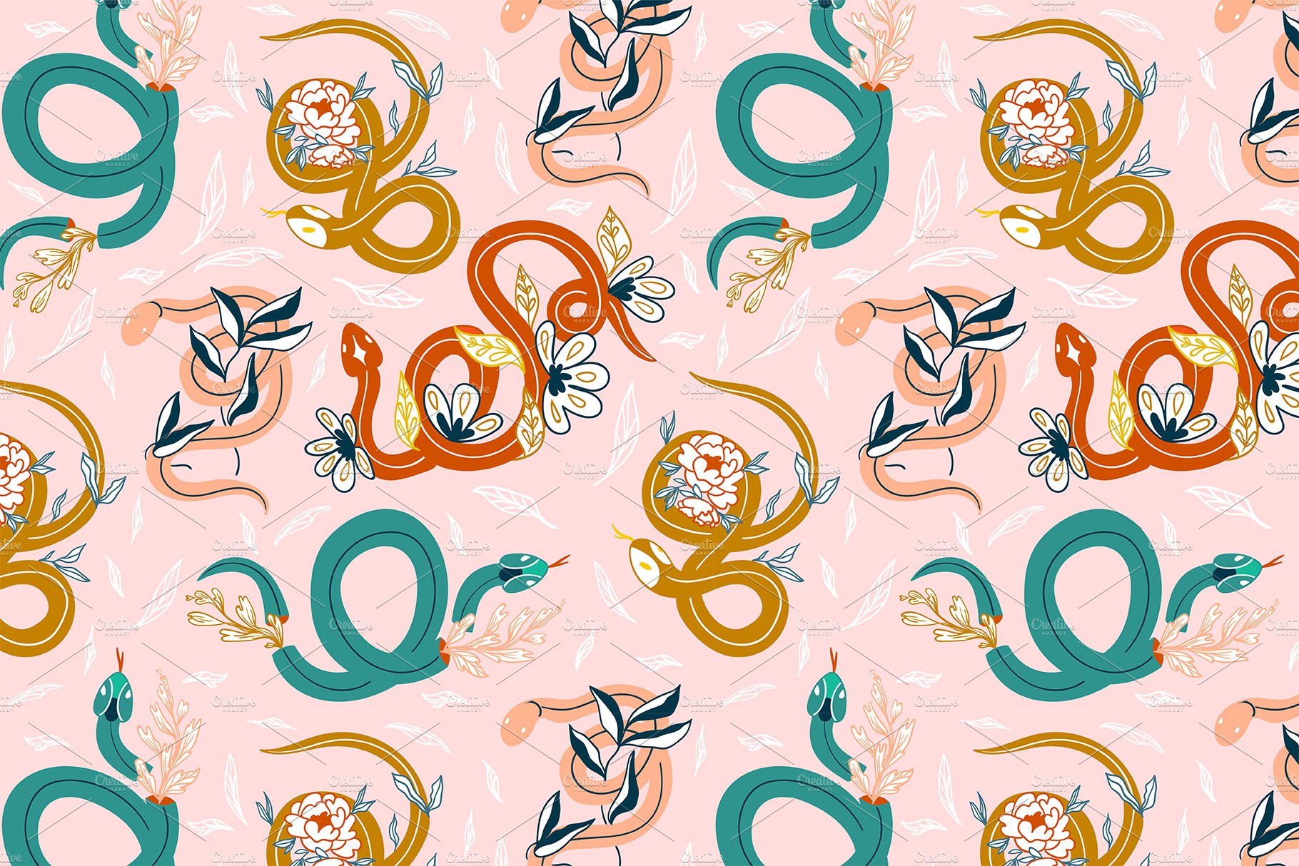 Pastel snake illustration in Asian style.
