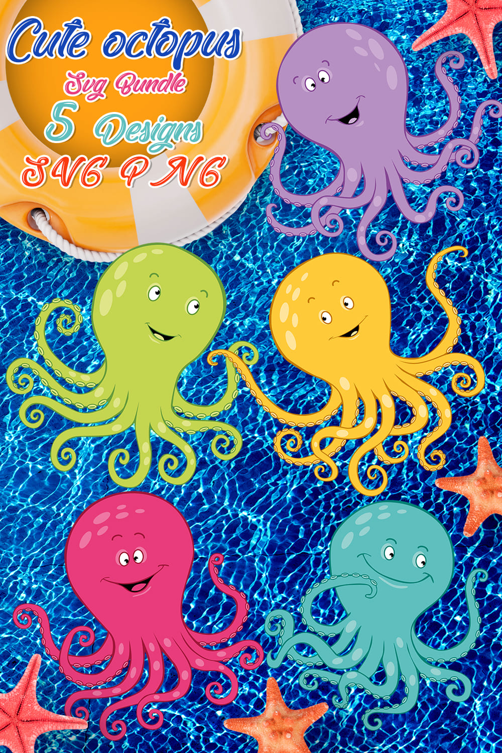 Blue background with ornament with colorful octopuses.