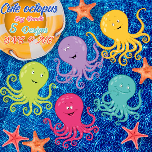 Group of octopus cut outs sitting on top of a swimming pool.