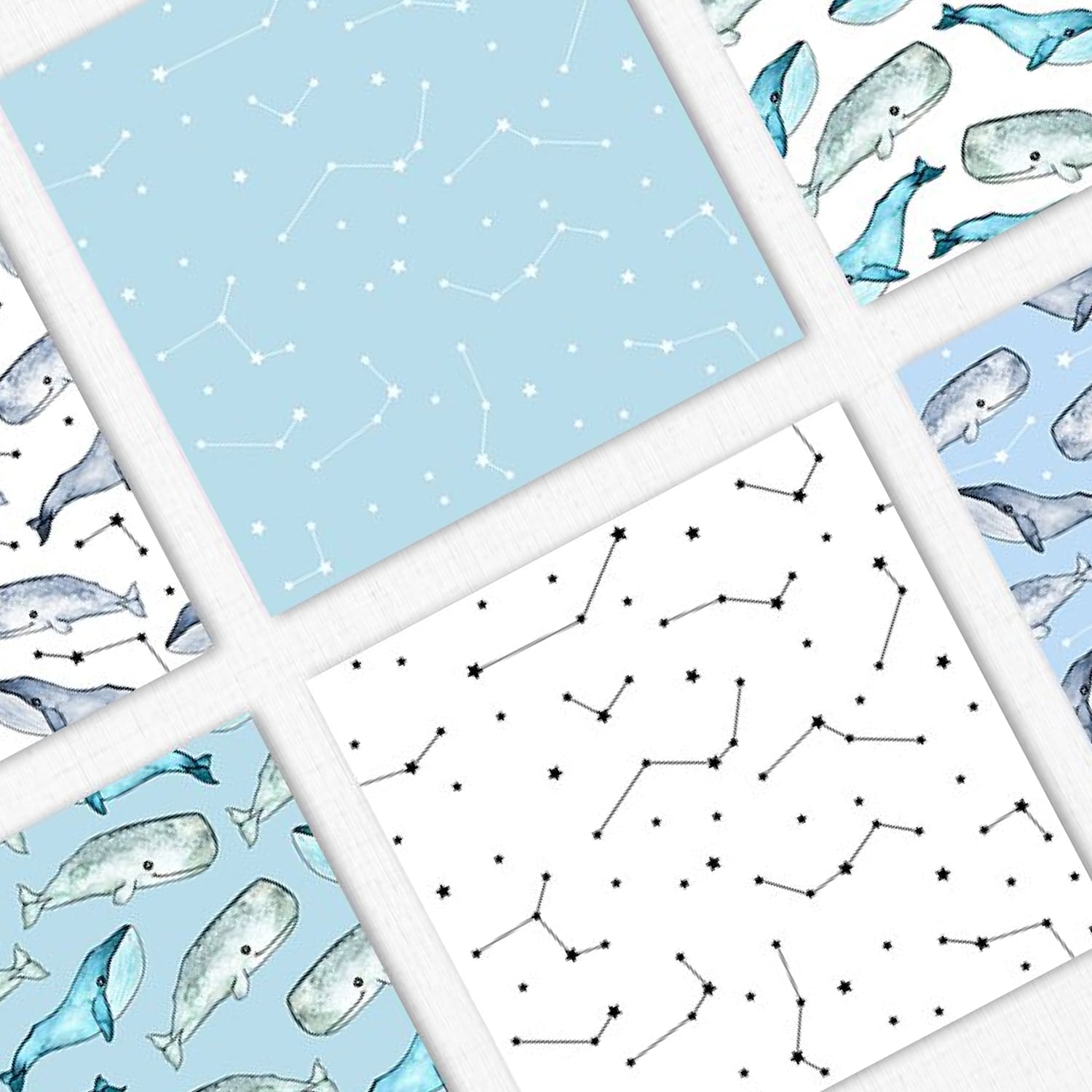 Set of 6 watercolor seamless patterns with cute whales and stars.