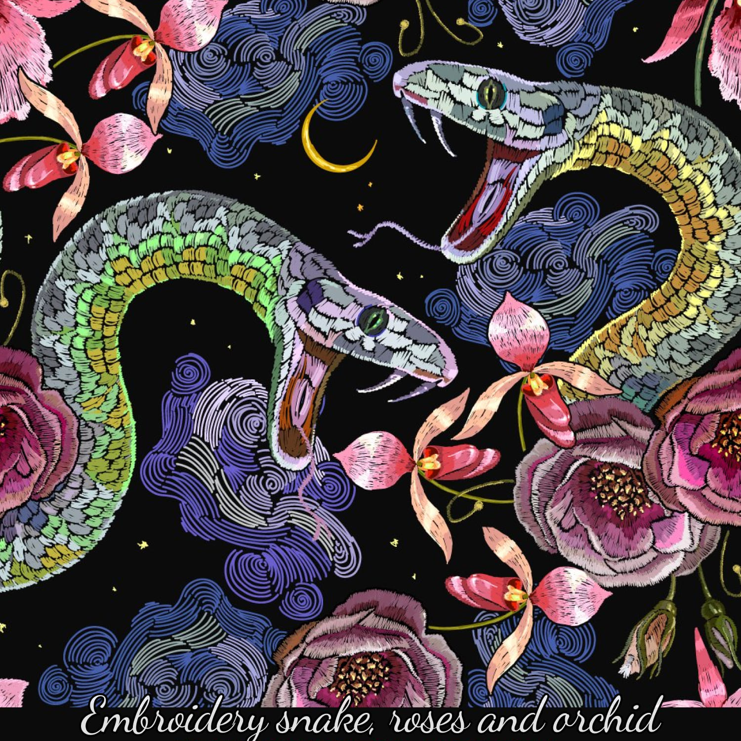 Embroidery snake, roses and orchid.