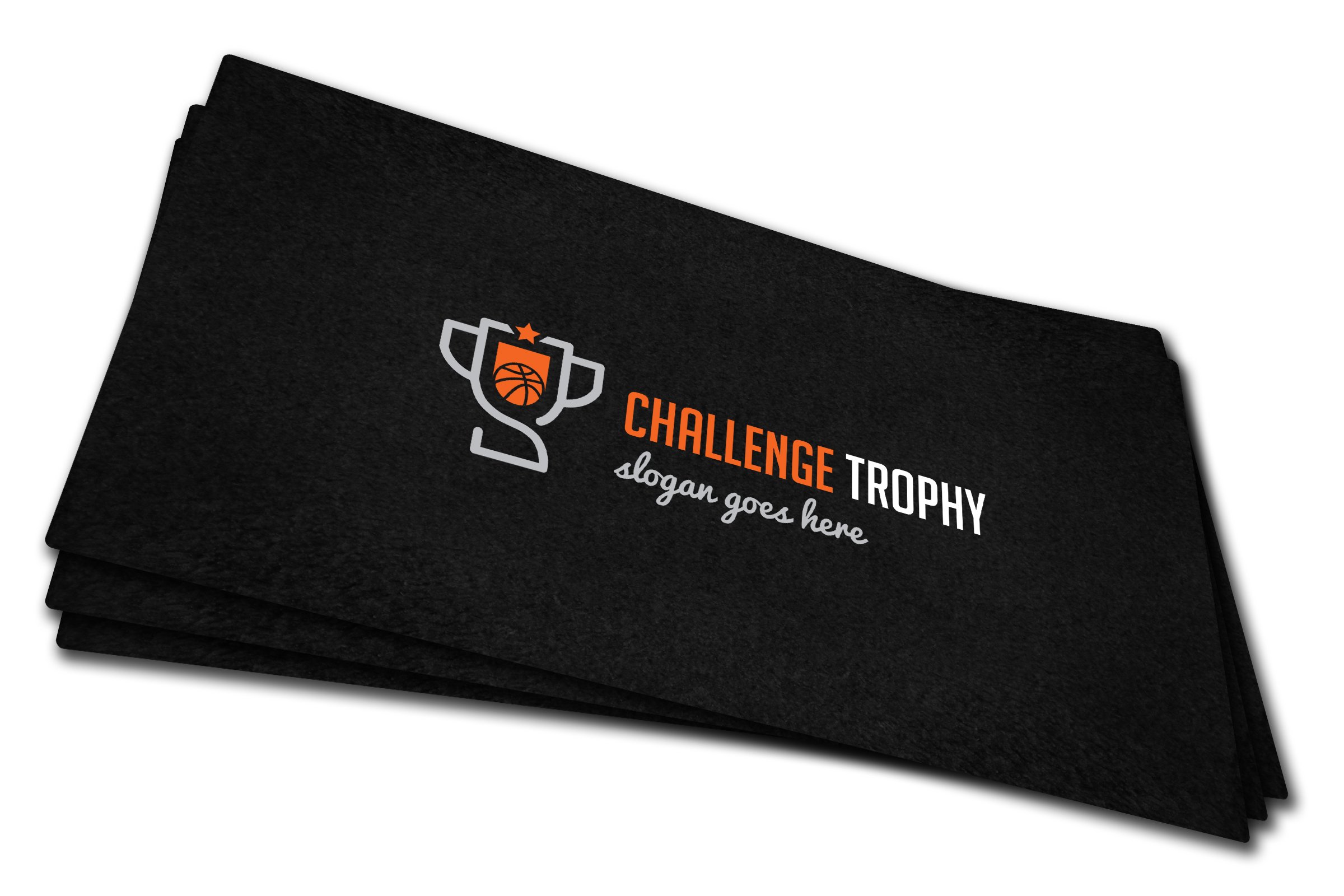 Matte black business cards with orange basketball logos.