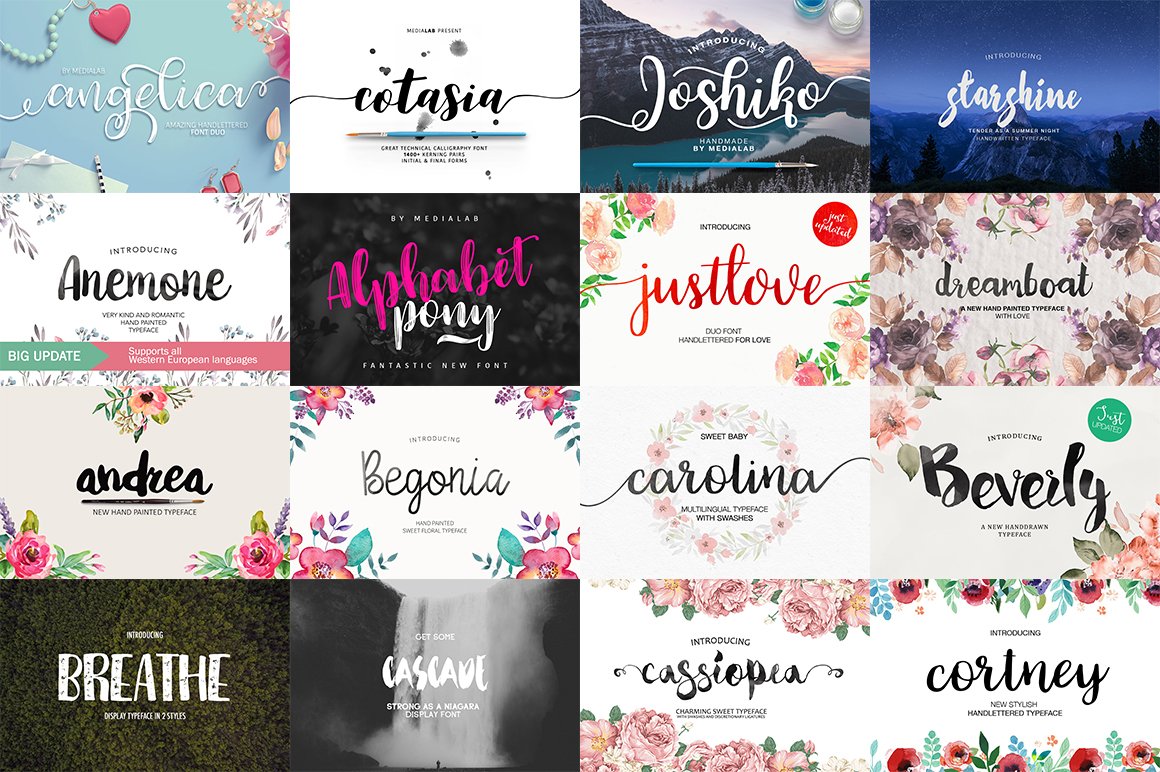 Romantic font collection in italic.