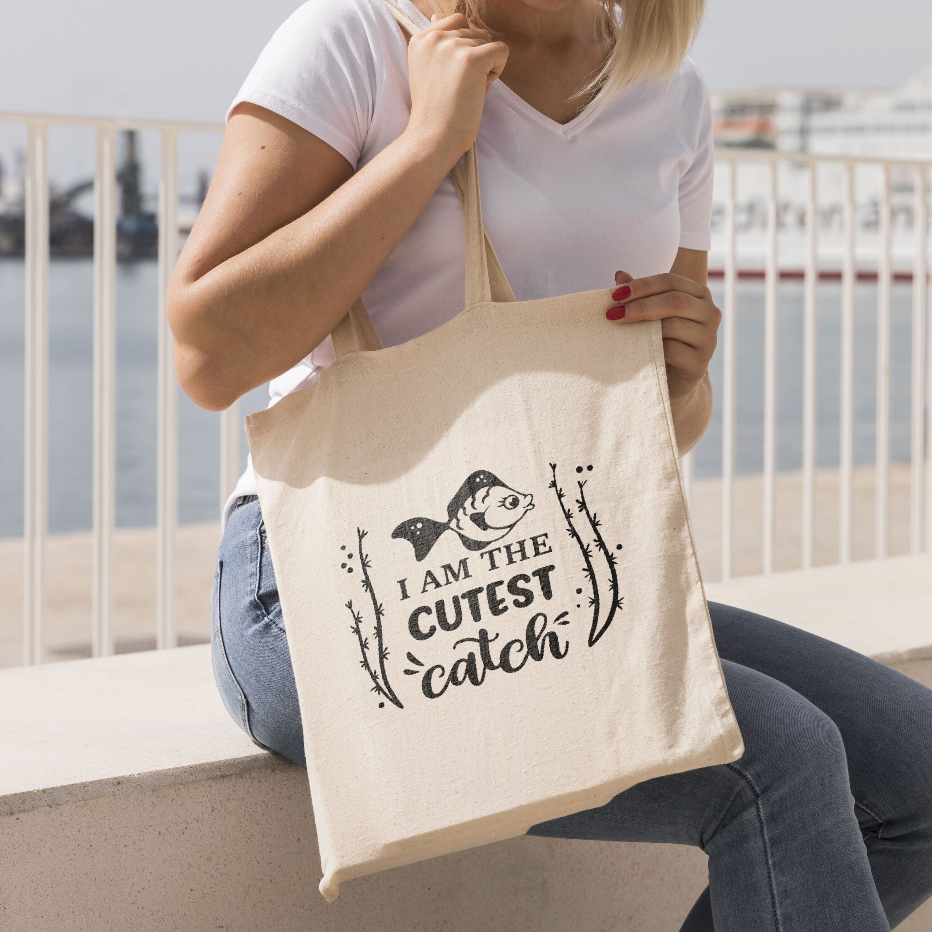 Shopper bag with fishing bundle svg elements.