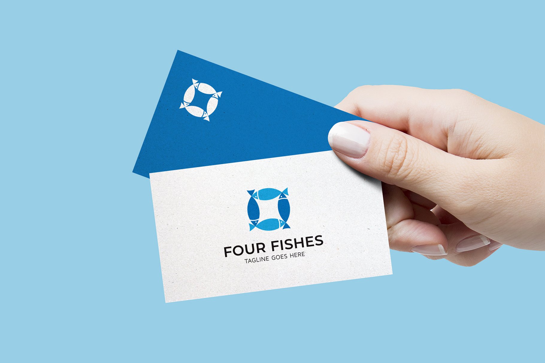 Modern blue fish logo on the business cards.