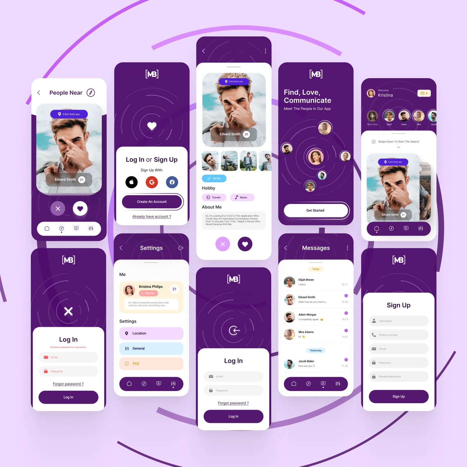 purple dating app ui design cover.