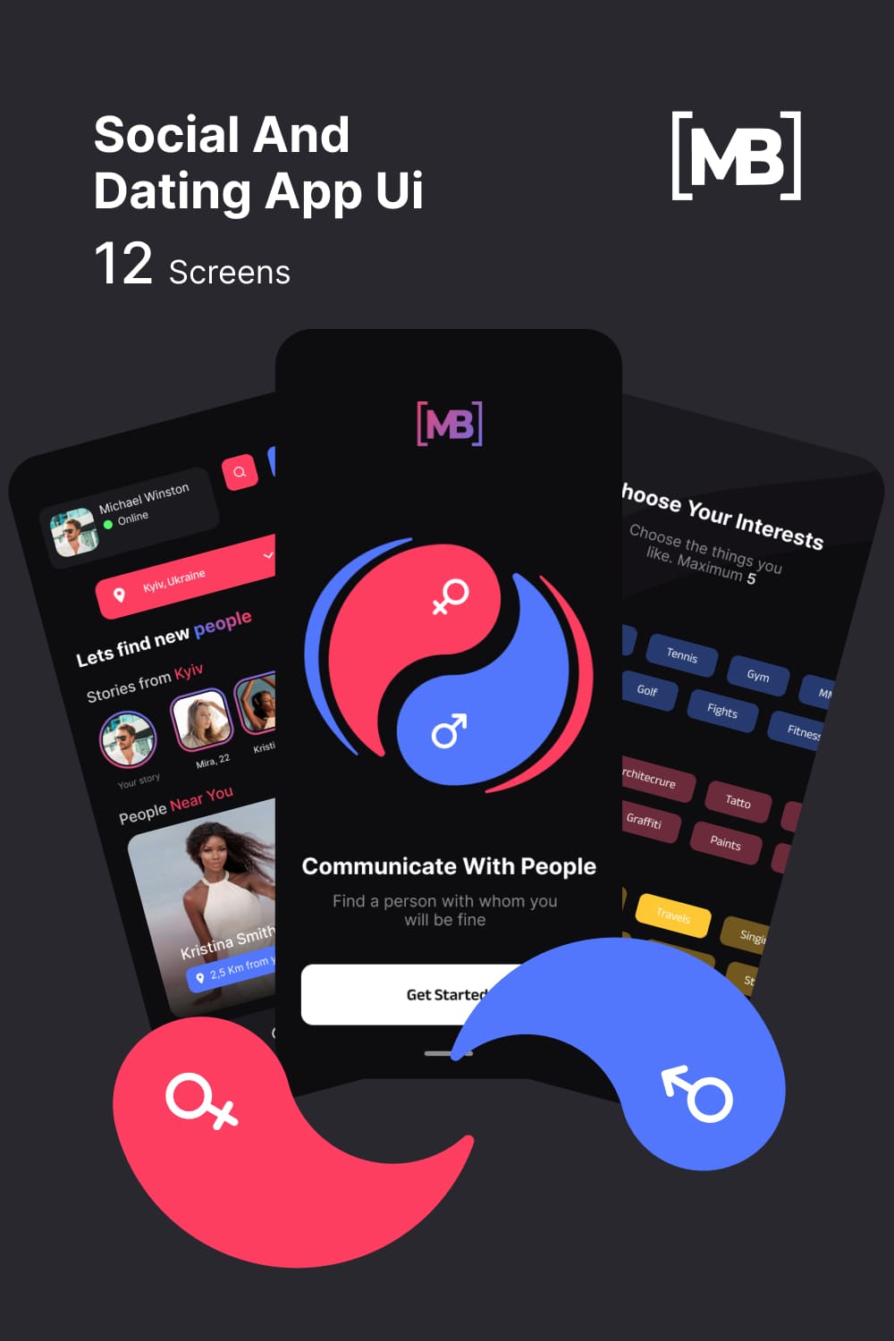 Dark template with the colorful elements for dating app.