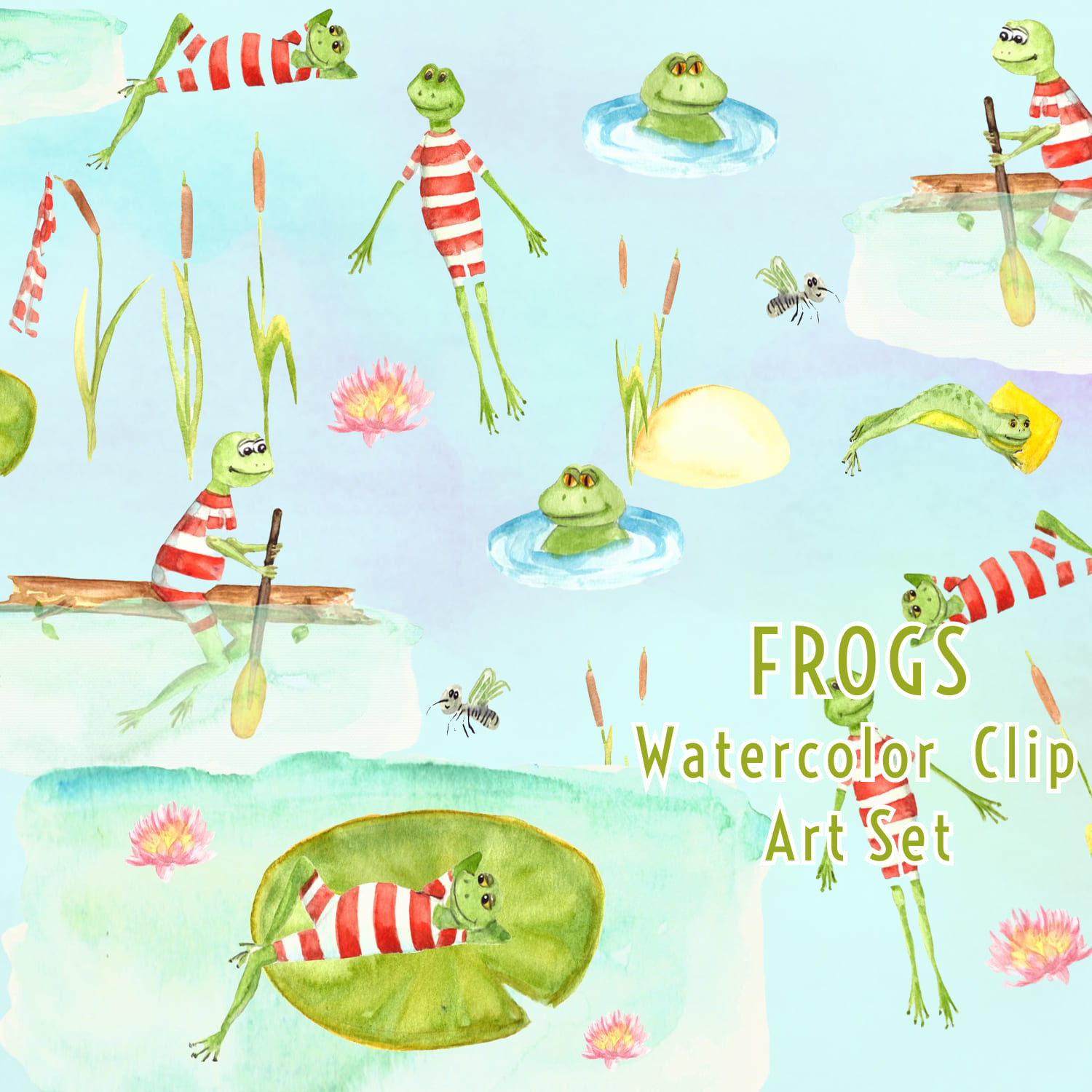 Watercolor Frogs Clip Art Set.