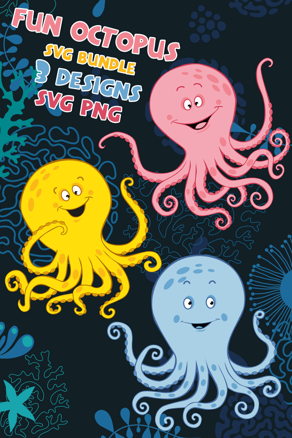 Three colorful octopuses on a dark background.