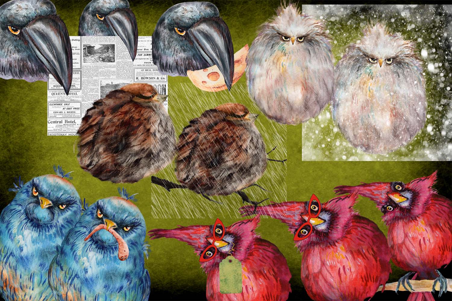 Watercolor Funny Birds PNG elements.