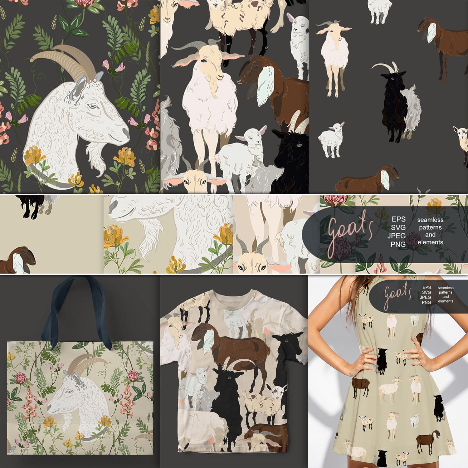Goat seamless + clipart vector set cover.
