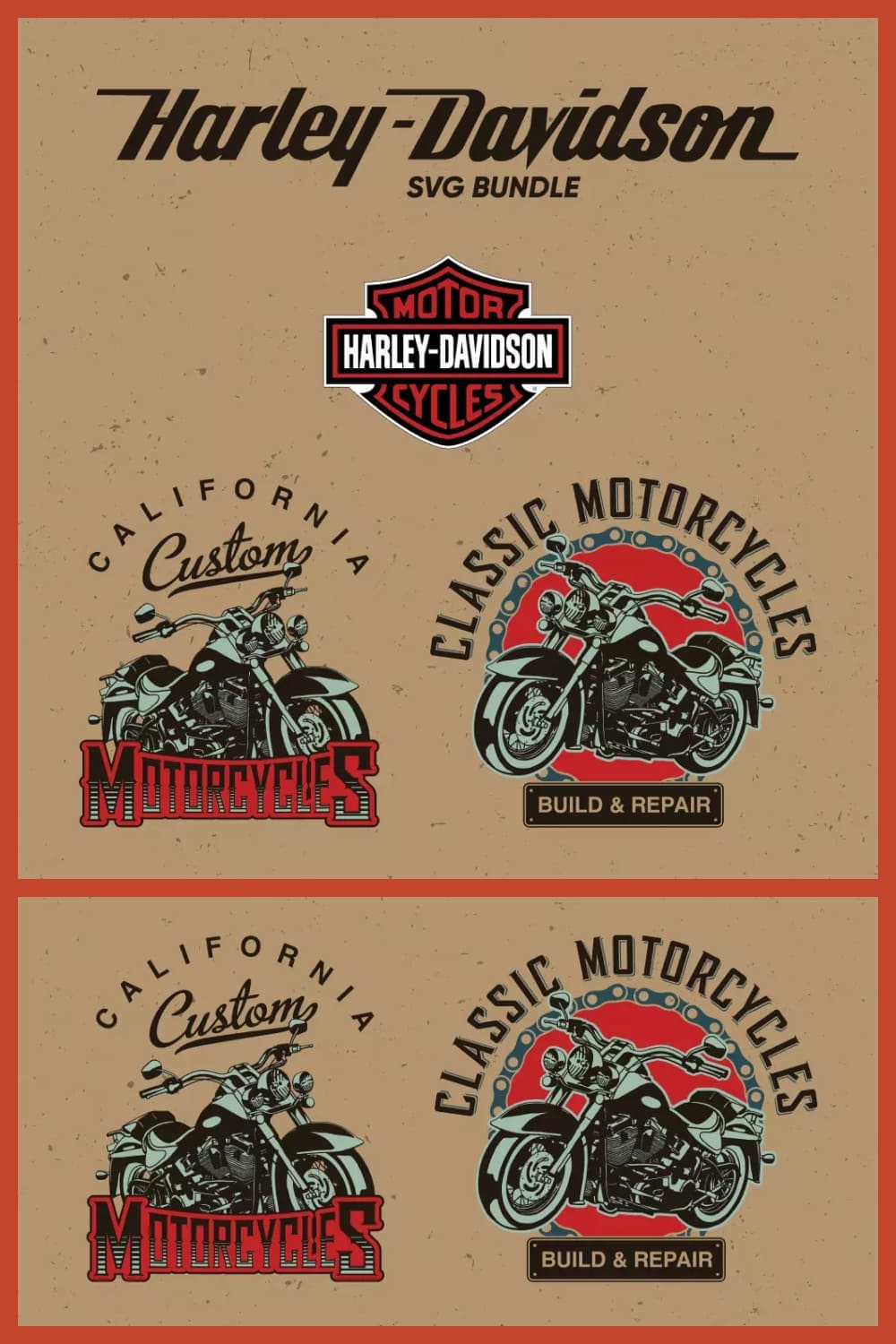 Collage with Harley Davidson motorcycles images.
