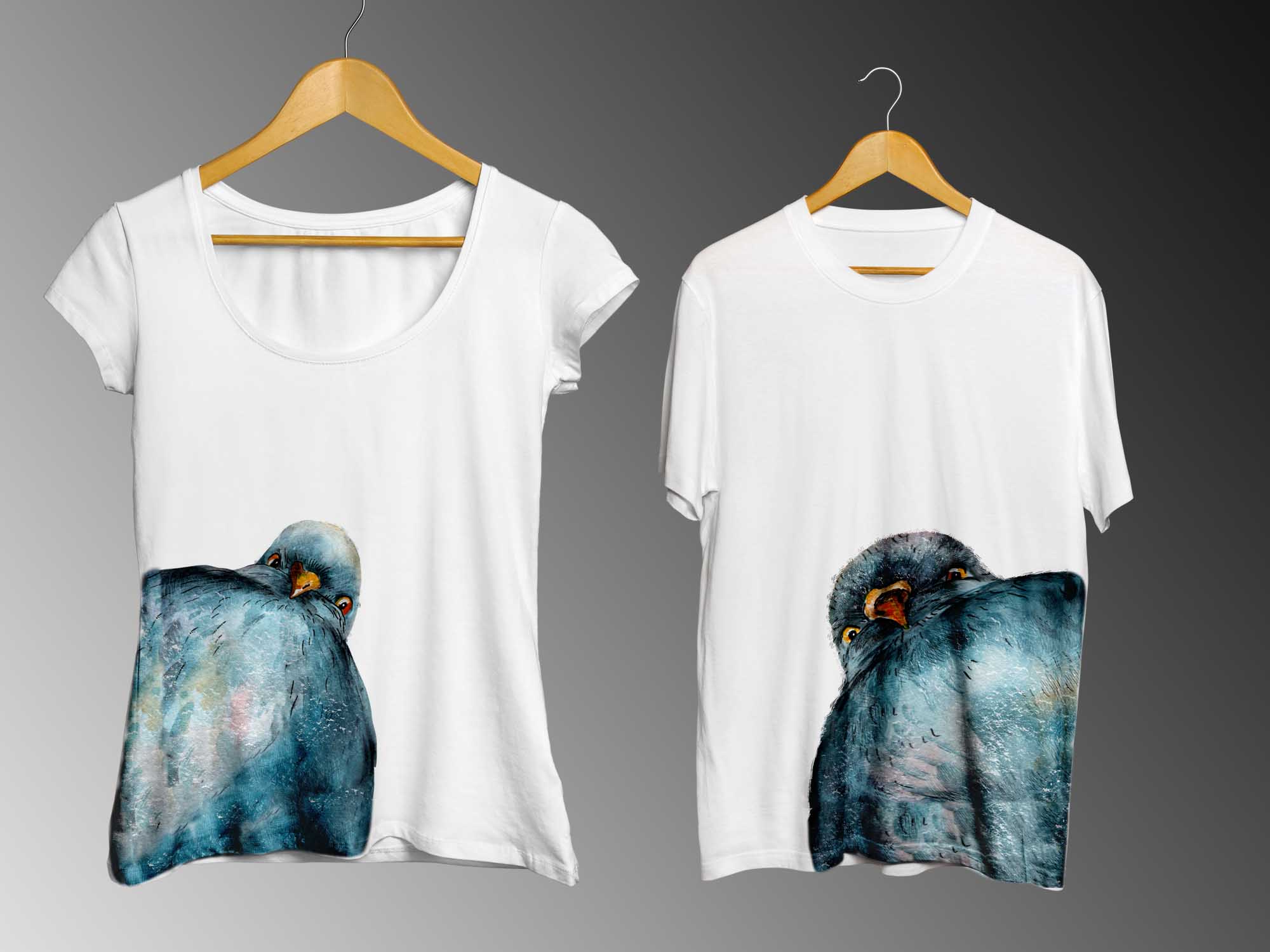 Watercolor Funny Birds on T-shirt.