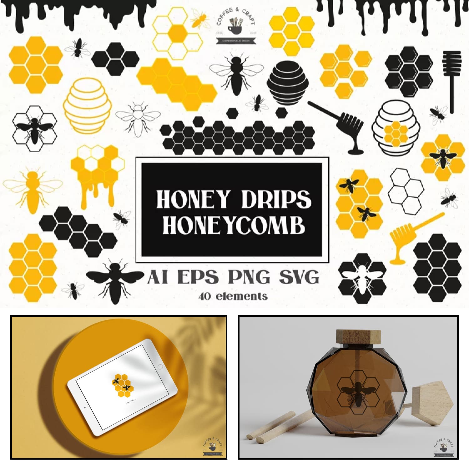 Honey drips honeycombs and bees clip art.