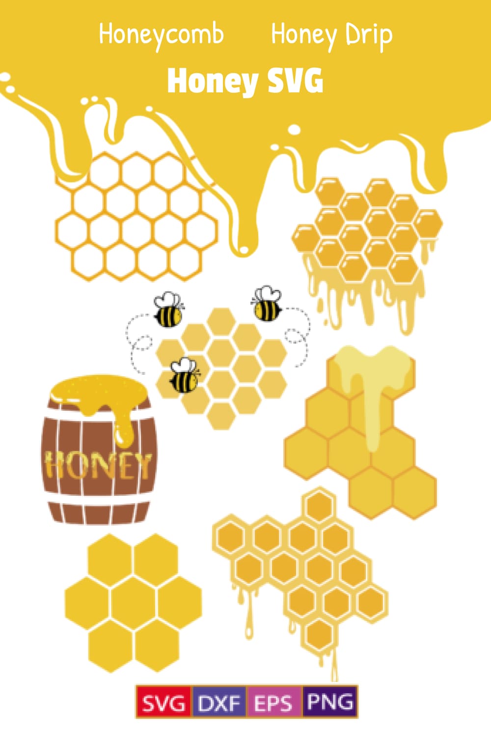 Bunch of bees and honeycombs on a white background.