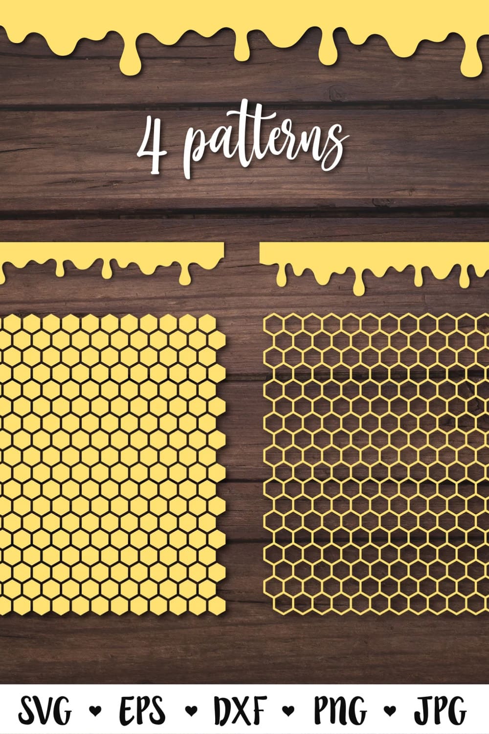 Four patterns of honeycombs on a wooden background.