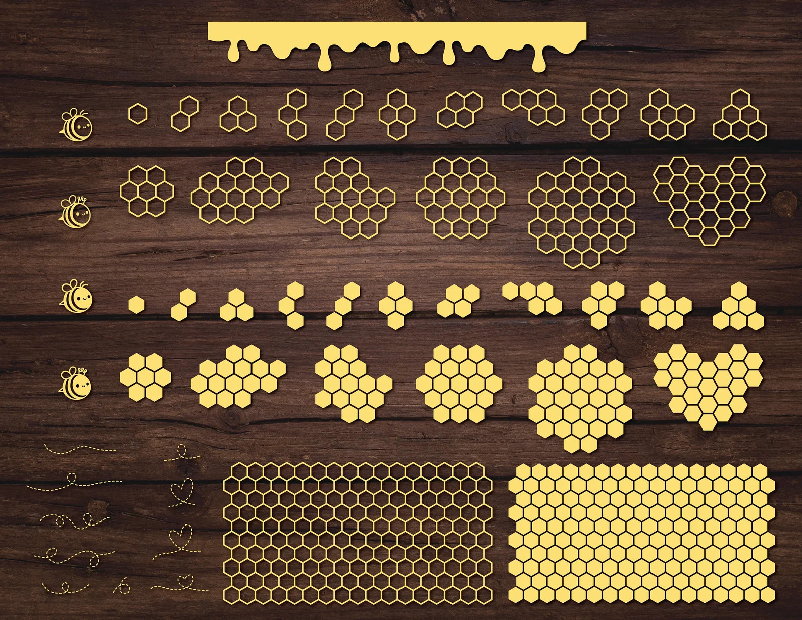 Wooden table topped with lots of honeycombs.