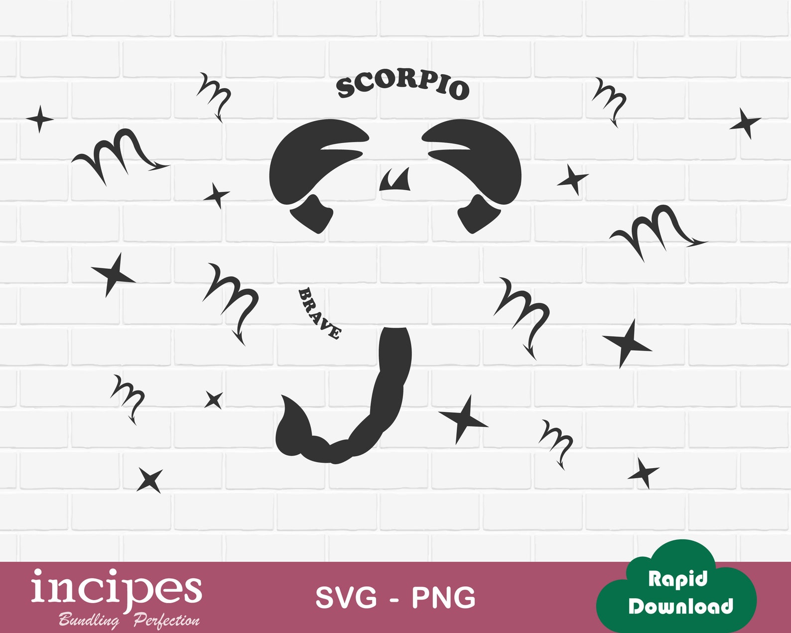 The scorpio logo on a brick wall.