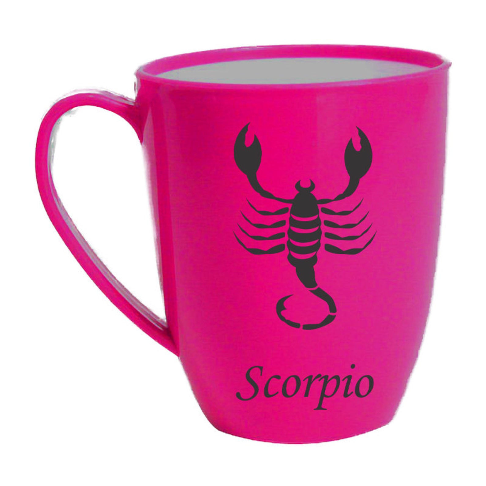 Pink coffee cup with a scorpion on it.