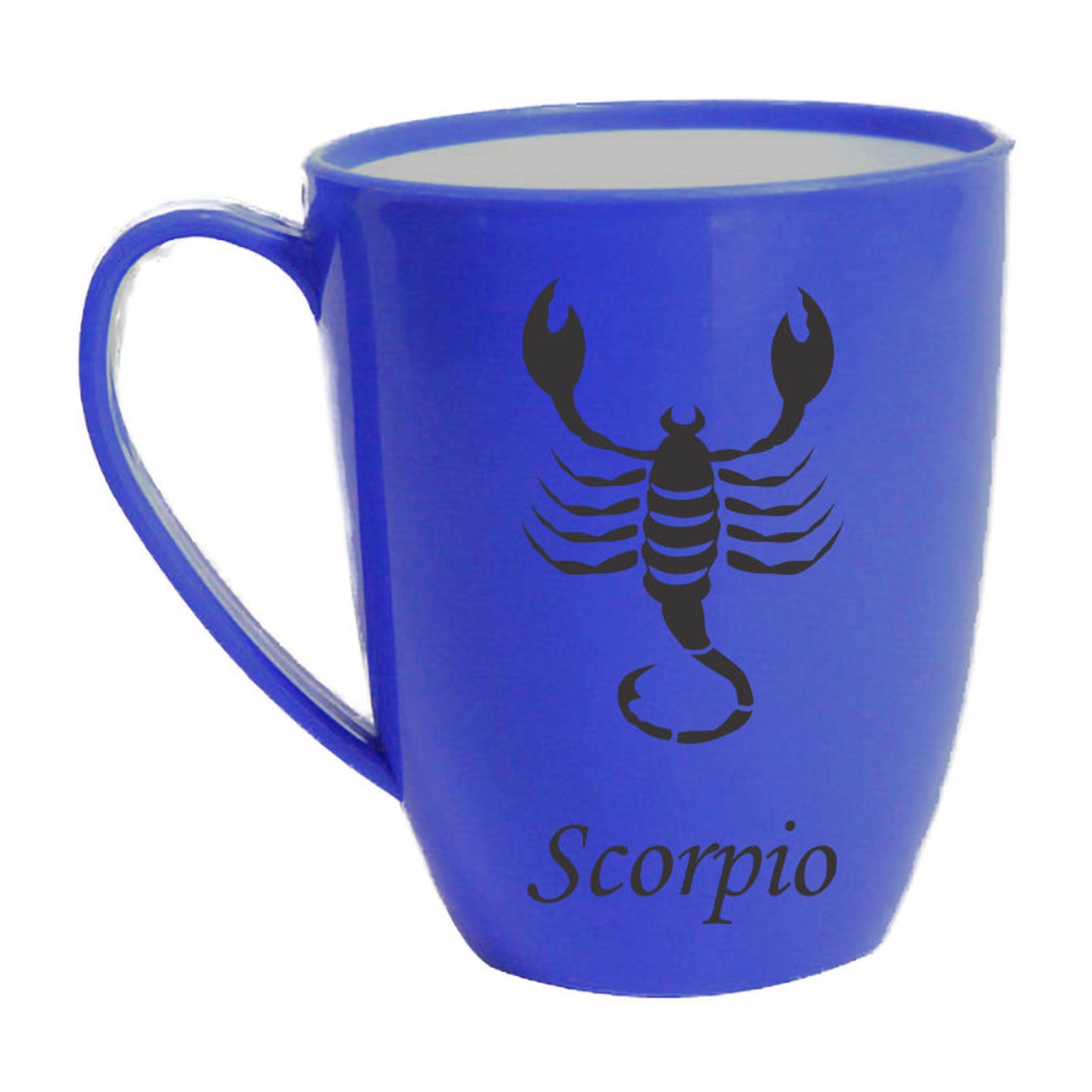 Blue mug with a scorpion on it.