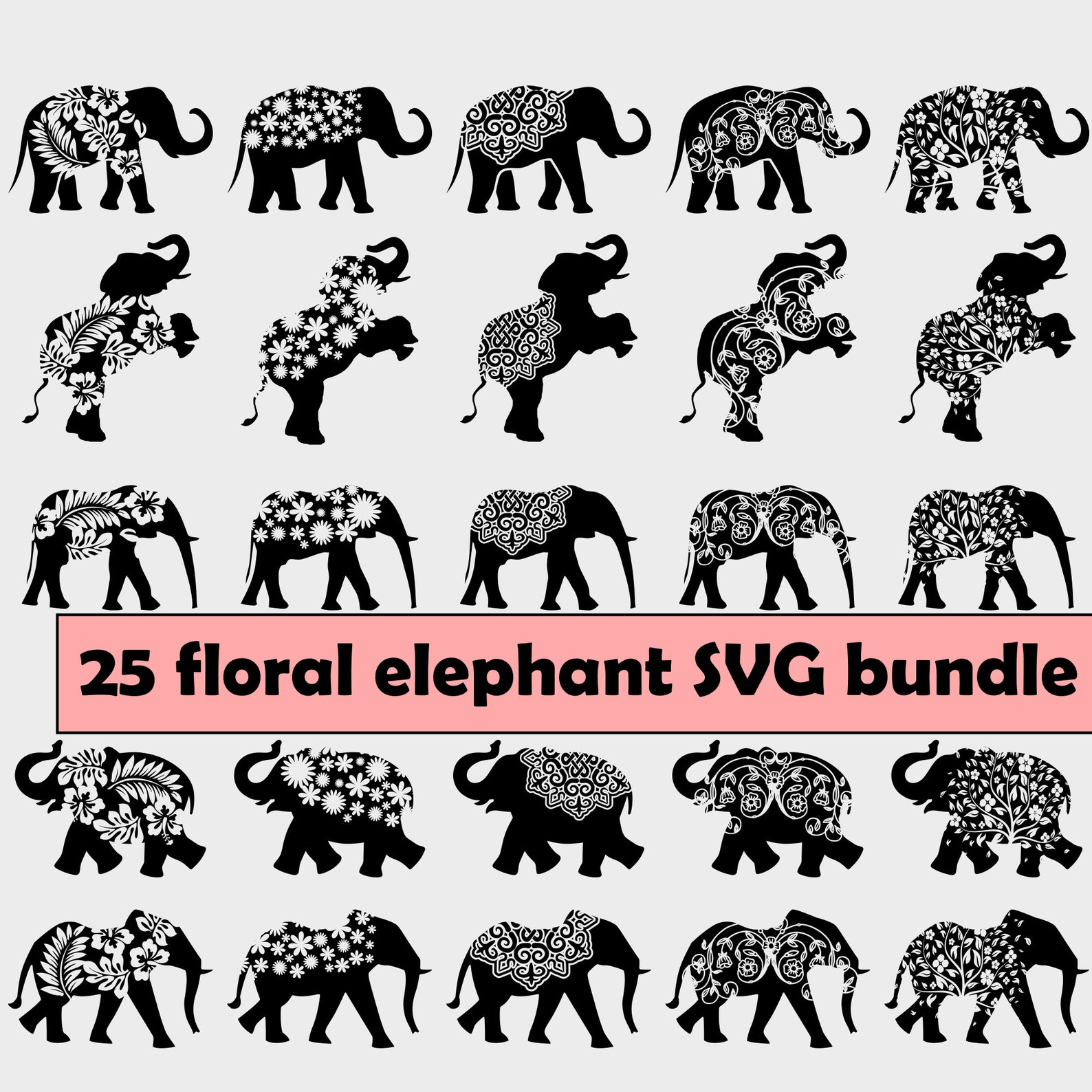 This bundle includes 25 floral elephants pictures.