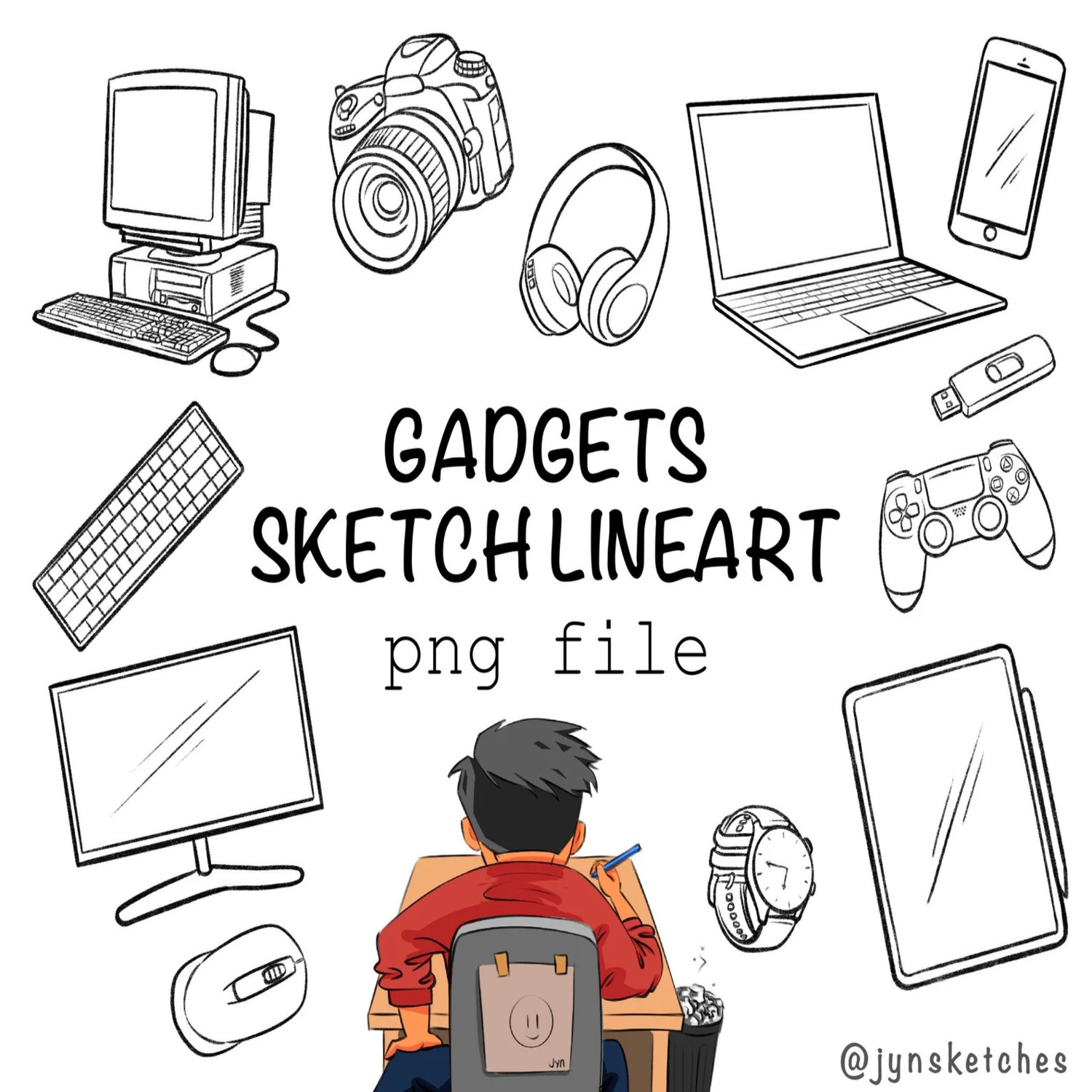 Gadgets, Devices, Computer, Technology, Hand Drawn Line art cover.