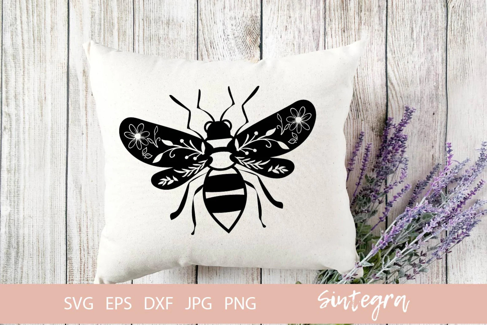White decorate pillow with cute black floral bee.