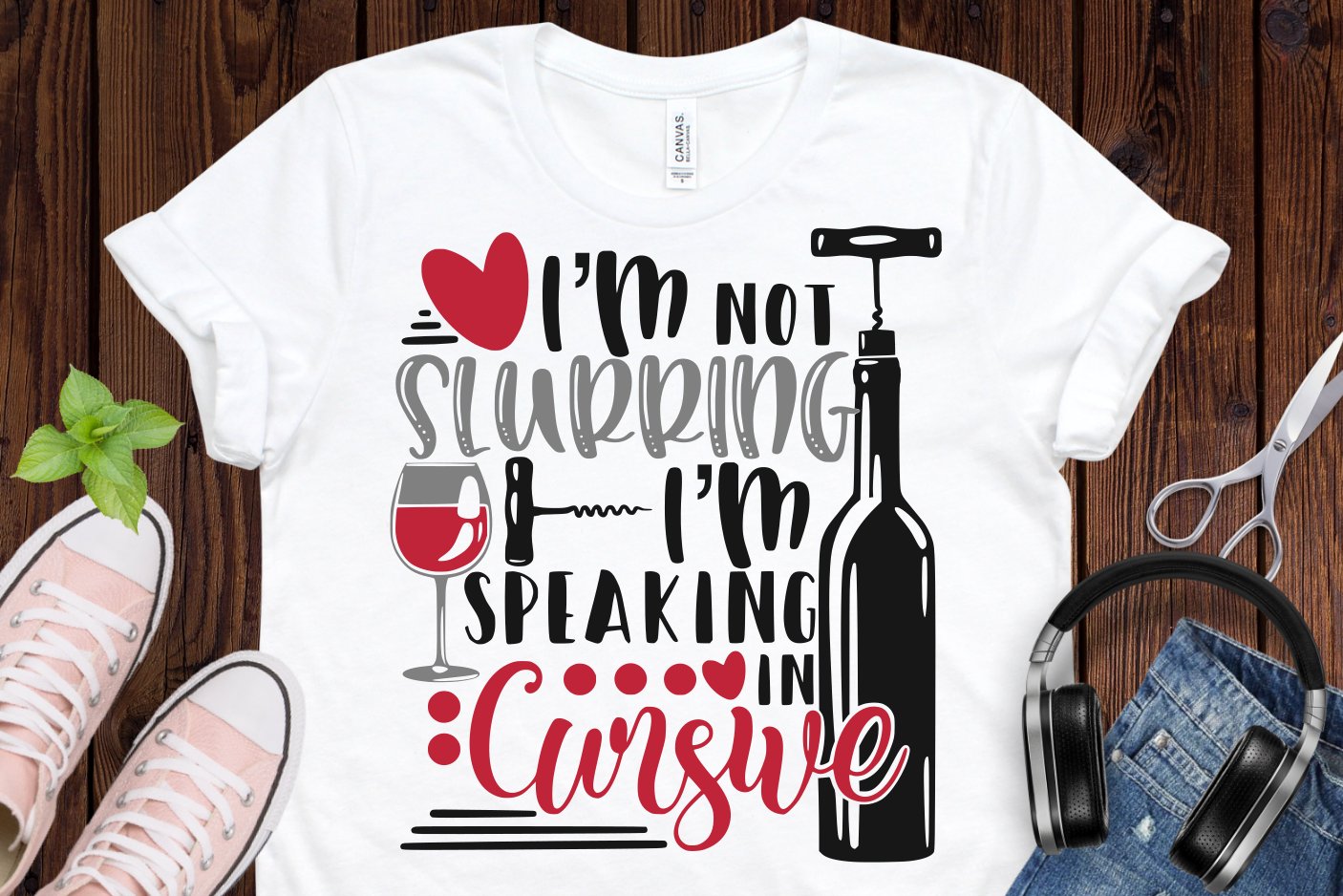 White t-shirt with creative font about wine.