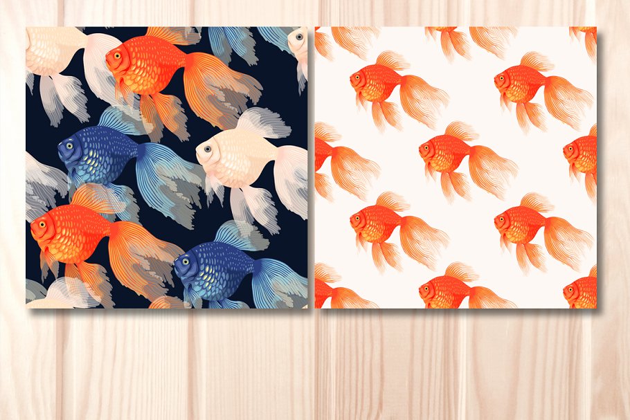 Collection of high detailed seamless patterns with veiltail goldfish.