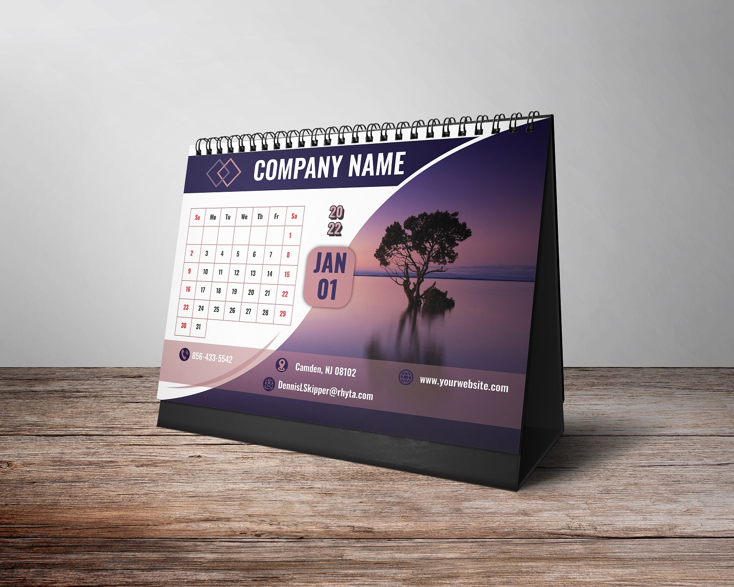 Purple calendar with a creative design.
