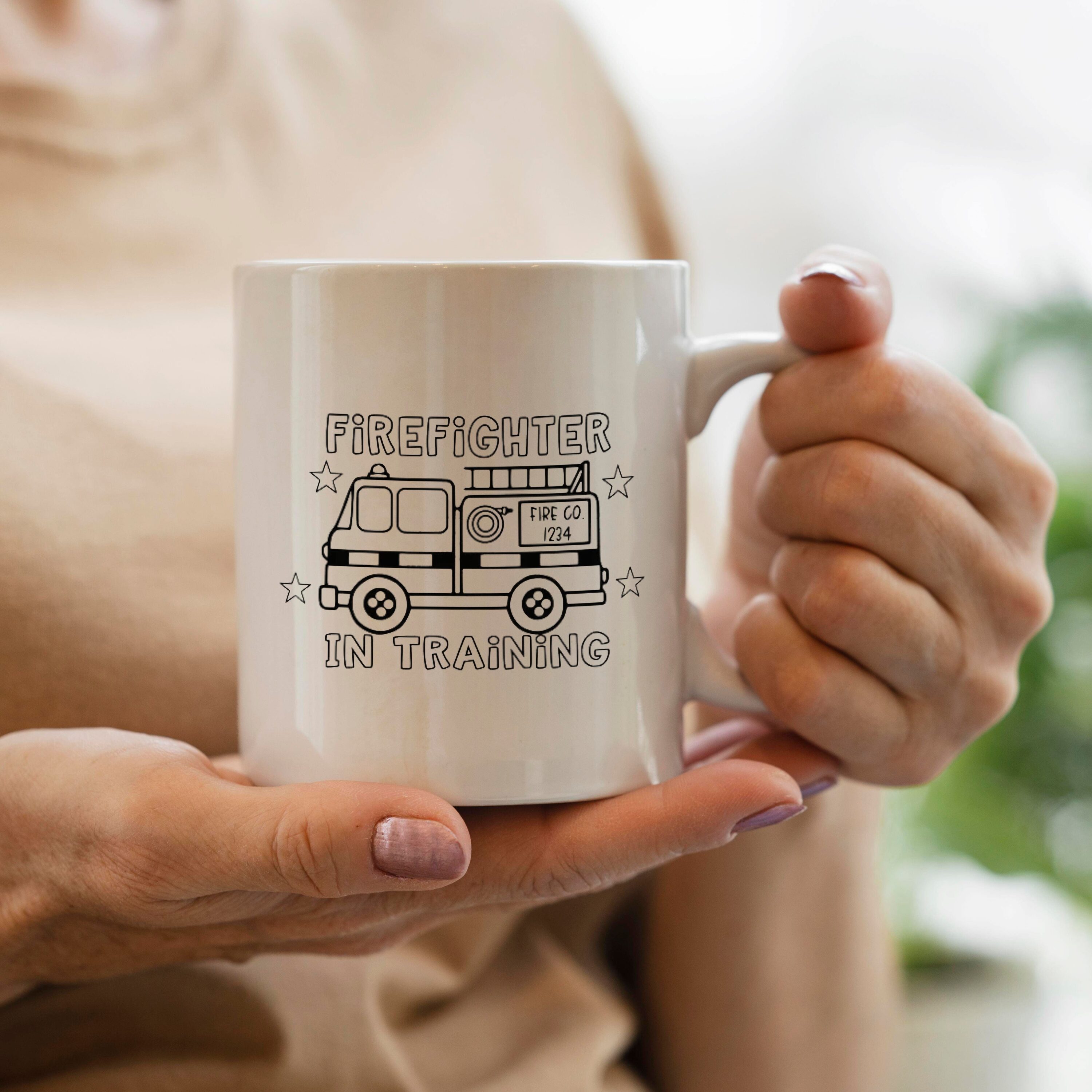 Cup printed with firefighter in training.