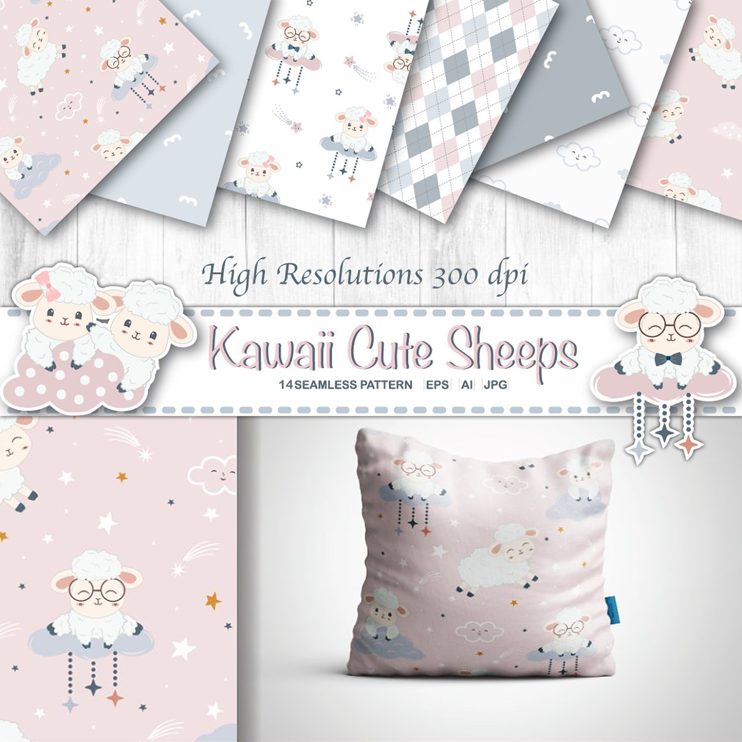 Kawaii Cute Sheeps Digital Papers cover.