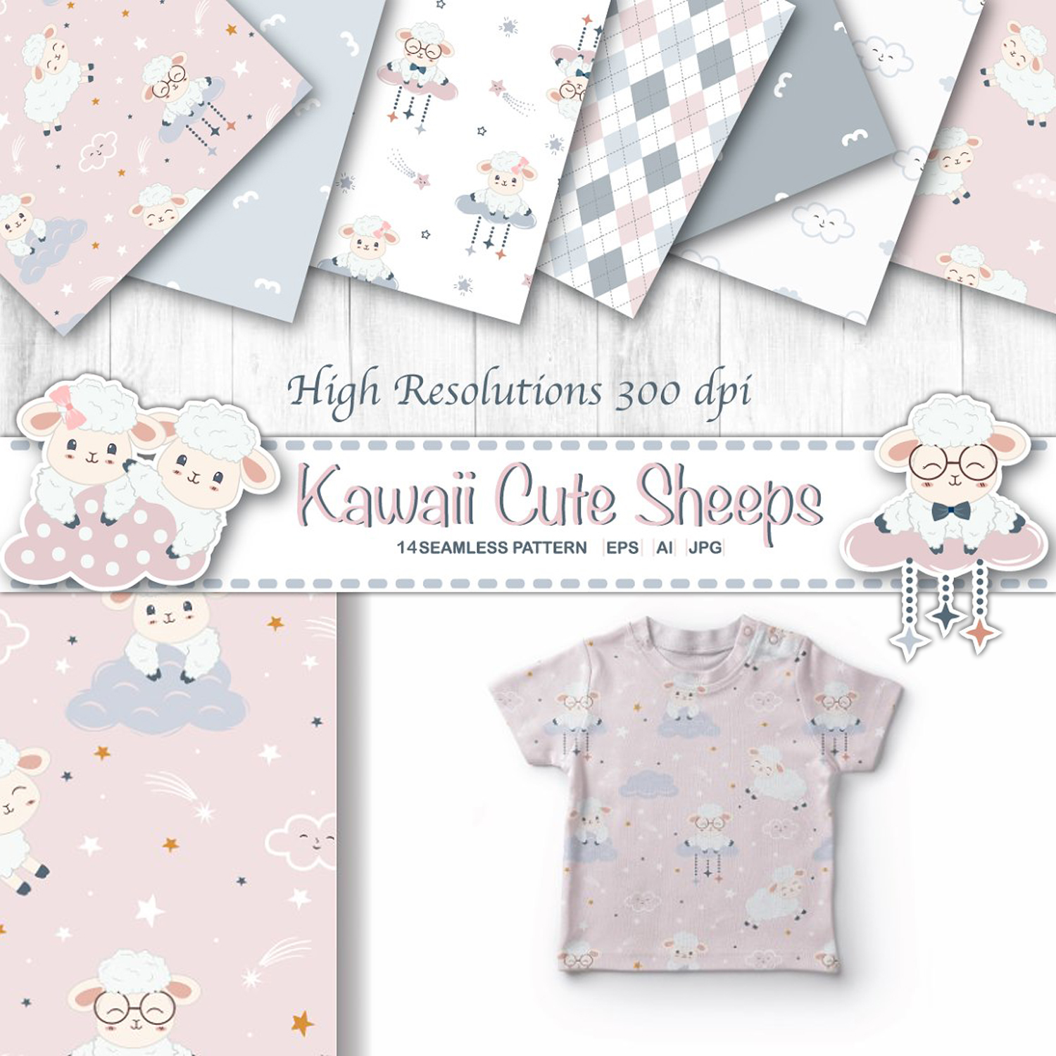 Kawaii Cute Sheeps Digital Papers.