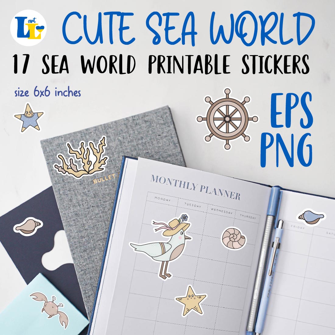 Sea World Summer Digital Printable Stickers Preview Image.