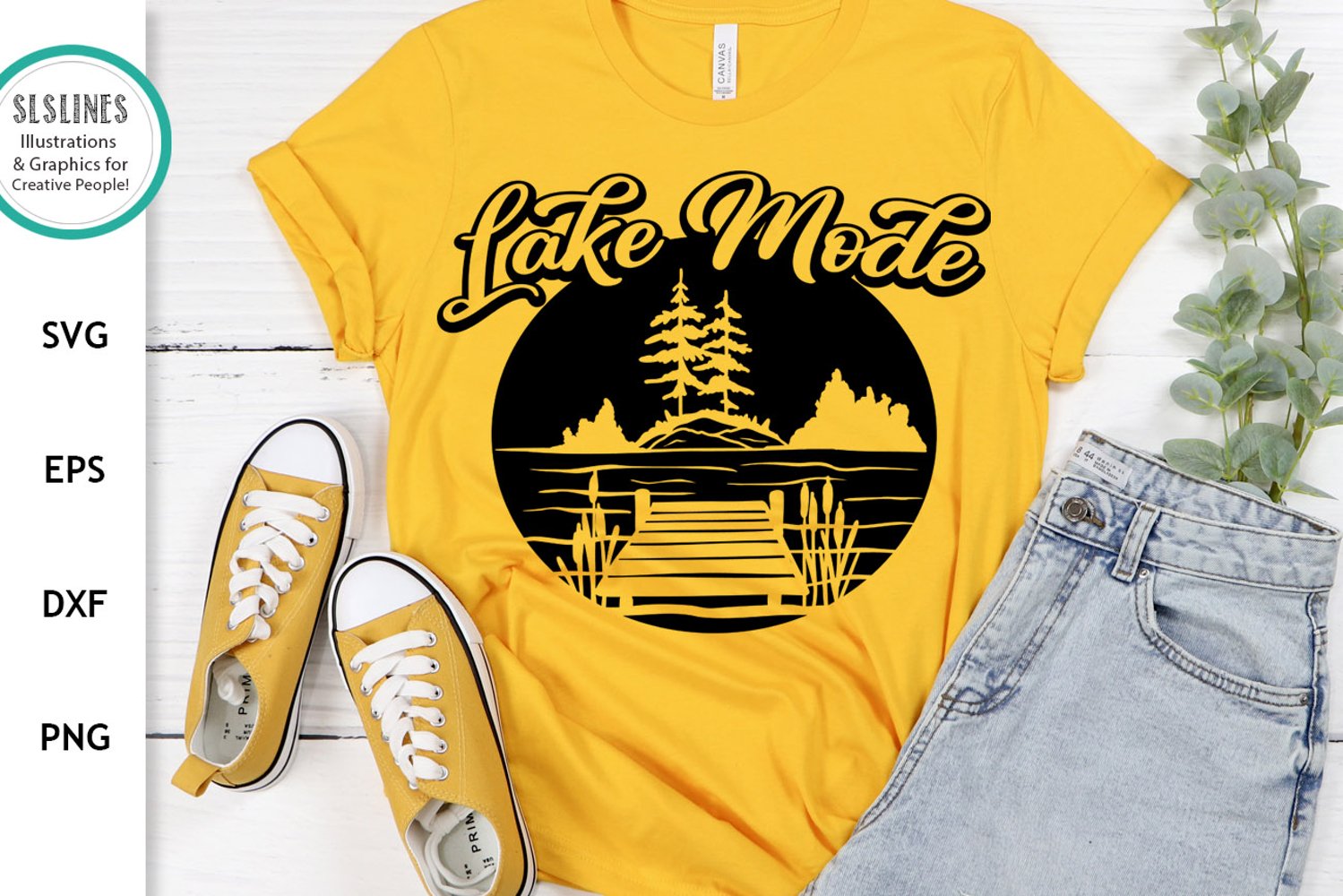 Yellow t-shirt with lake vibes.