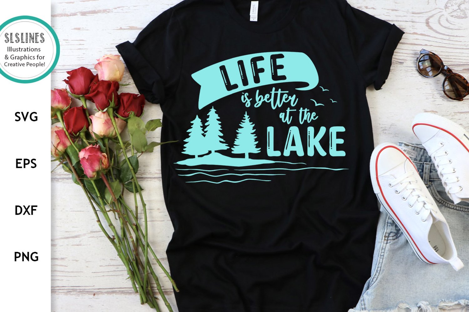 Life is better at the lake - black t-shirt design.