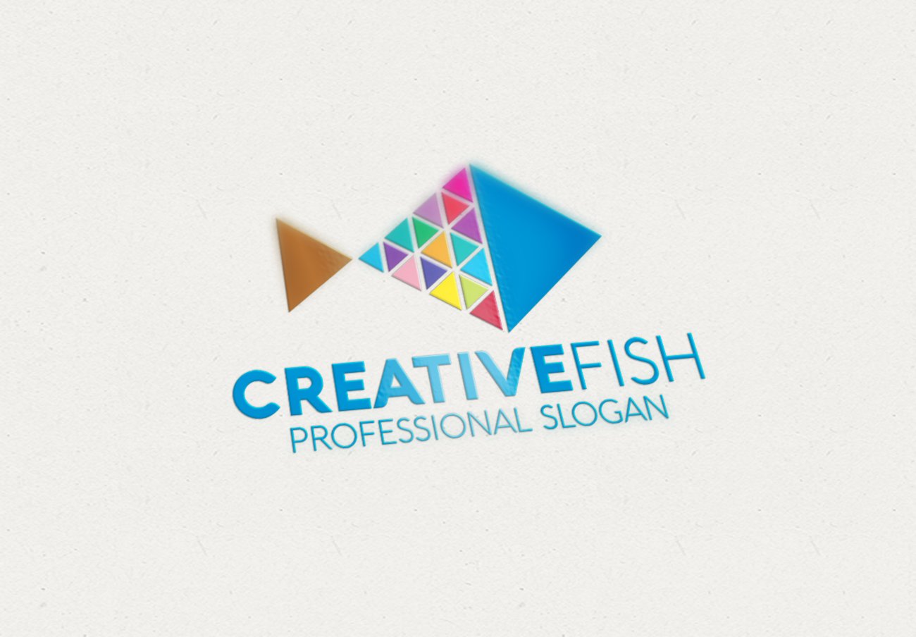Ivory background with a colorful fish logo.
