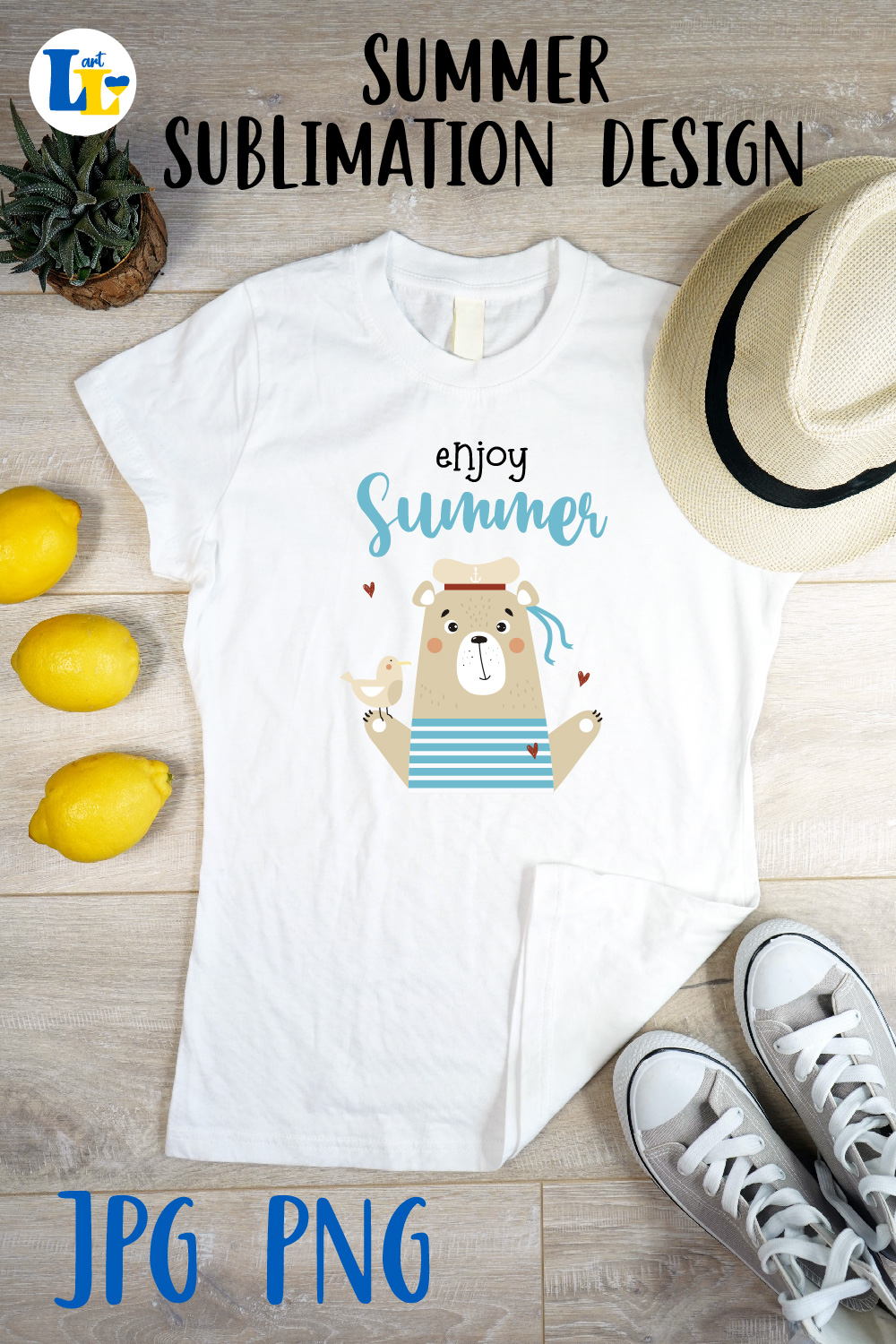 Cute Bear Sailor Summer Sublimation Design Pinterest Image.