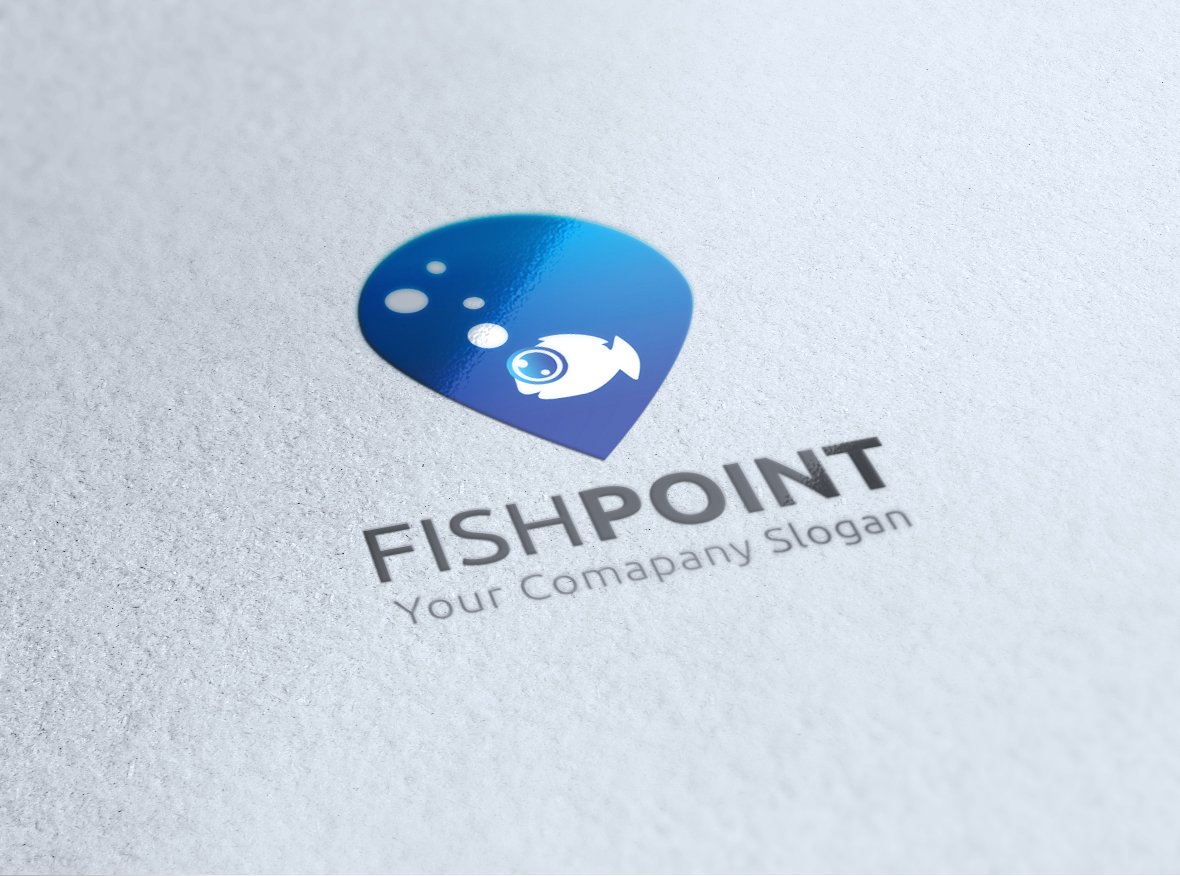 Grey matte paper with a blue fish logo.