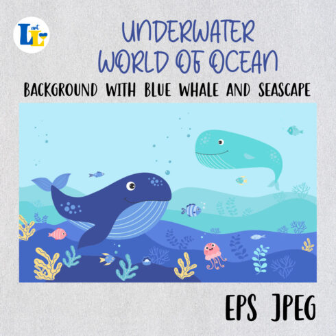Underwater World Background Cute Blue Whale cover image.