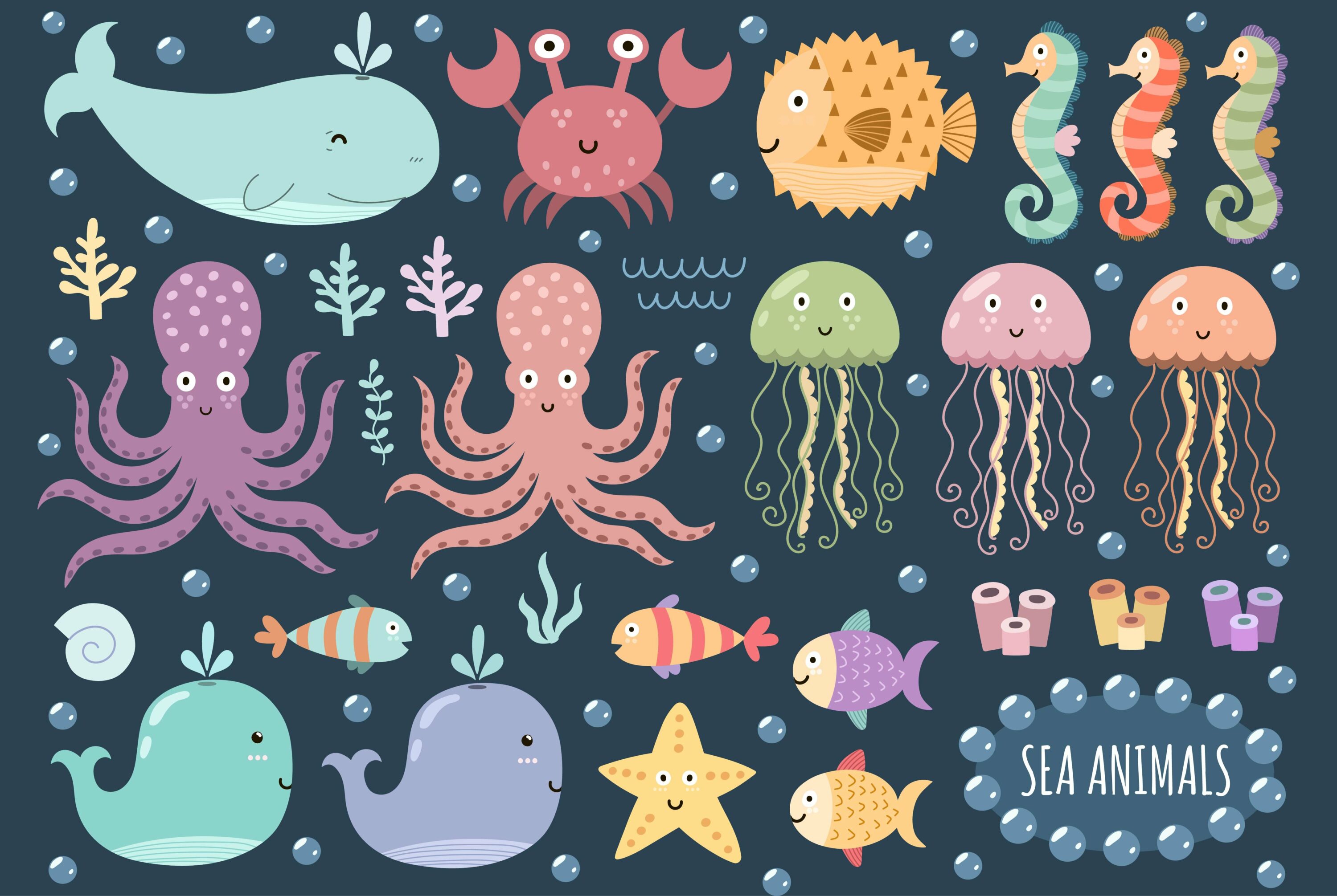 New cute collection with adorable seamless patterns, stickers, cards and characters of sea life. 