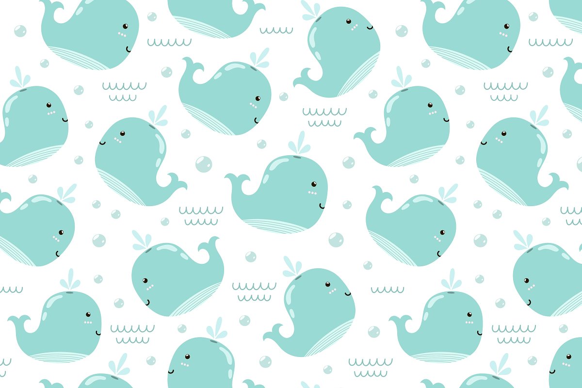 Small pictures with cute whales in turquoise color.