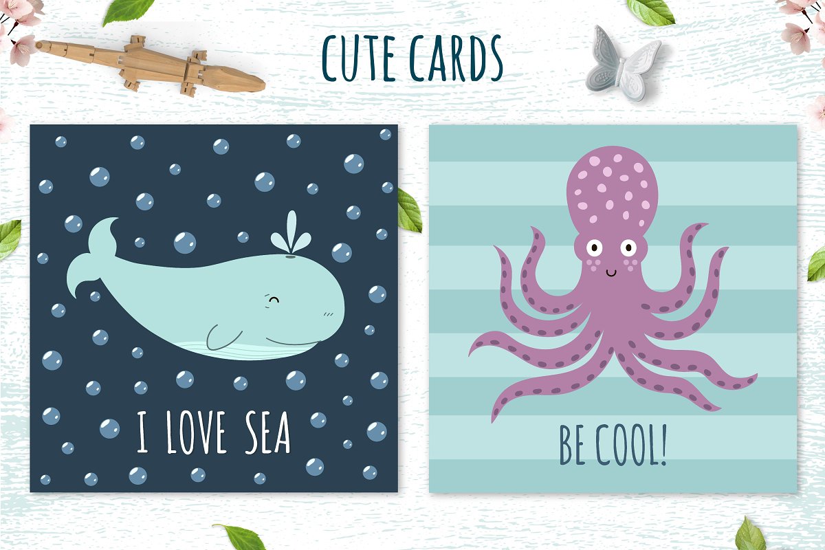 Cute cards with cheerful whale and cool octopus.