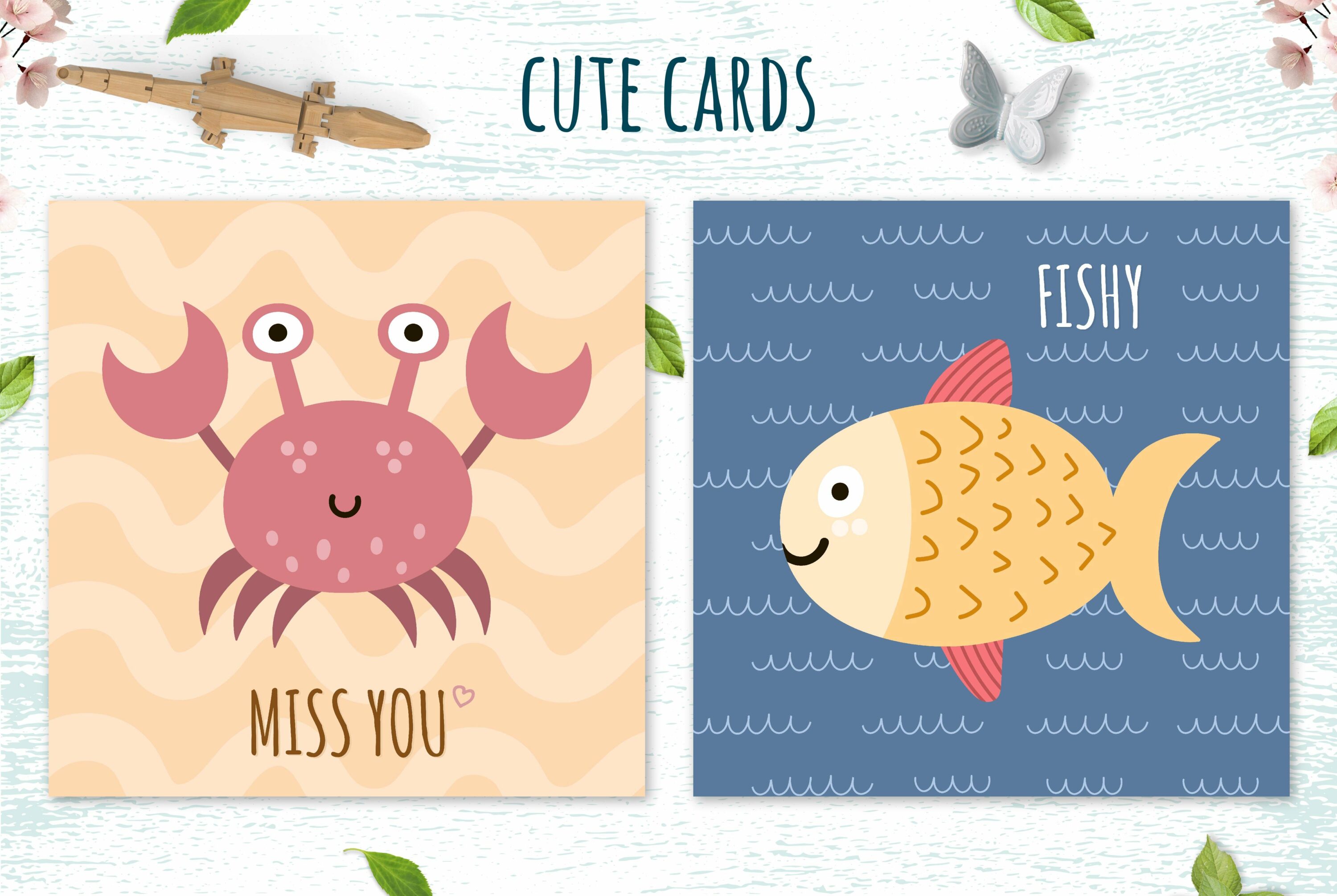 Cute cards with funny cancer and colorful fish.
