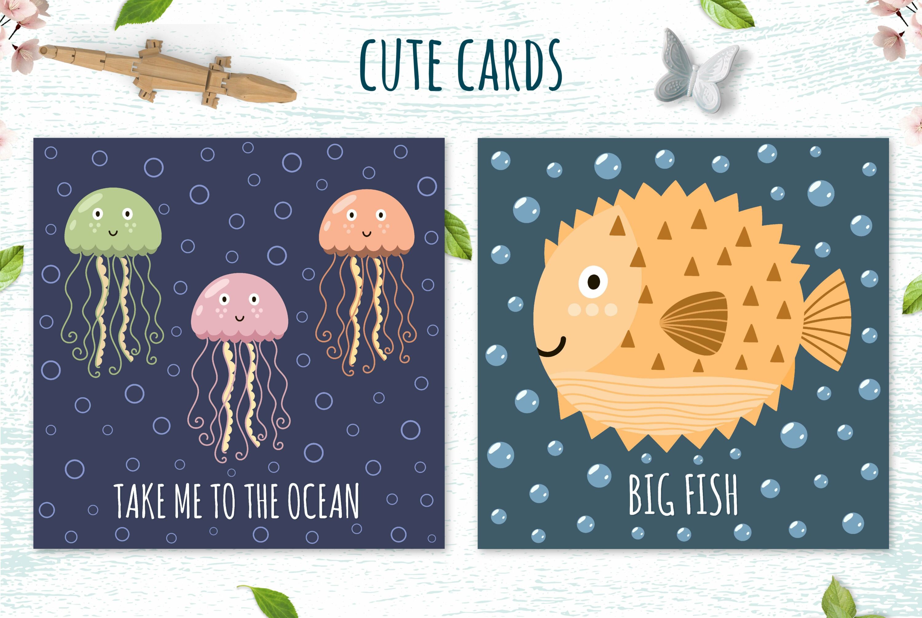 Cute cards with colorful jellyfishes and big fish.