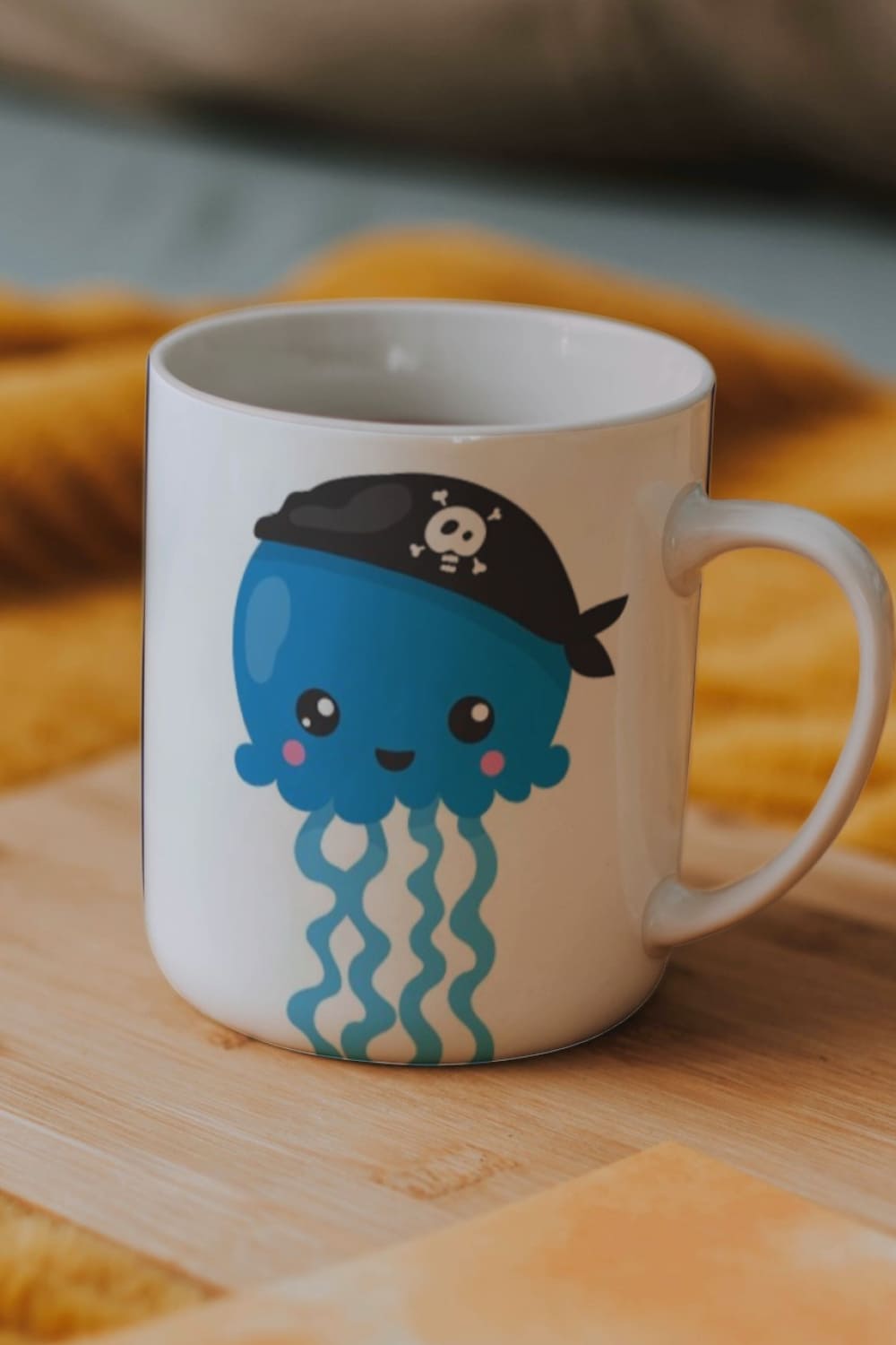 Blue octopus on a white cup.