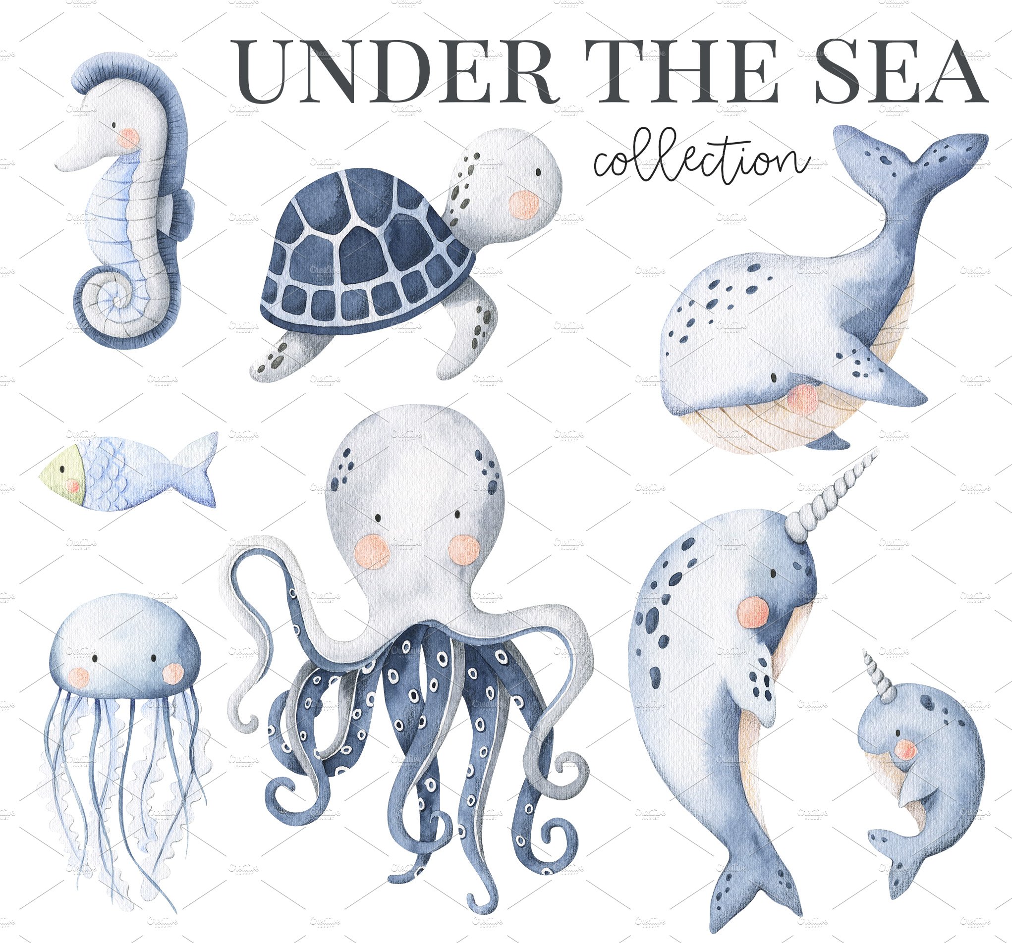 Under the sea habitants in a watercolor style.