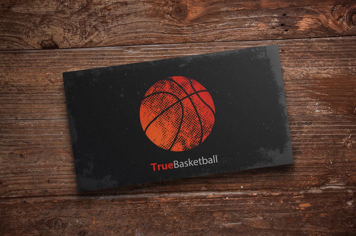 Matte black business card with a basketball logo.