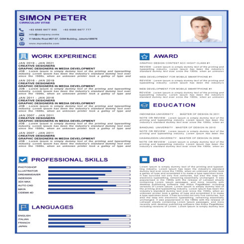 Blue and white resume with a blue border.
