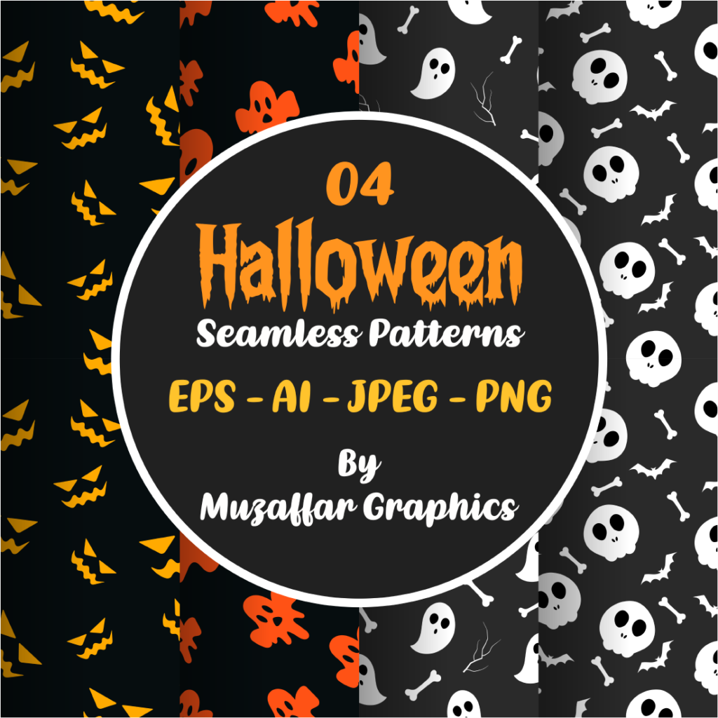 Scary Halloween Ghost Pumpkins and Skulls Vector Seamless Patterns ...